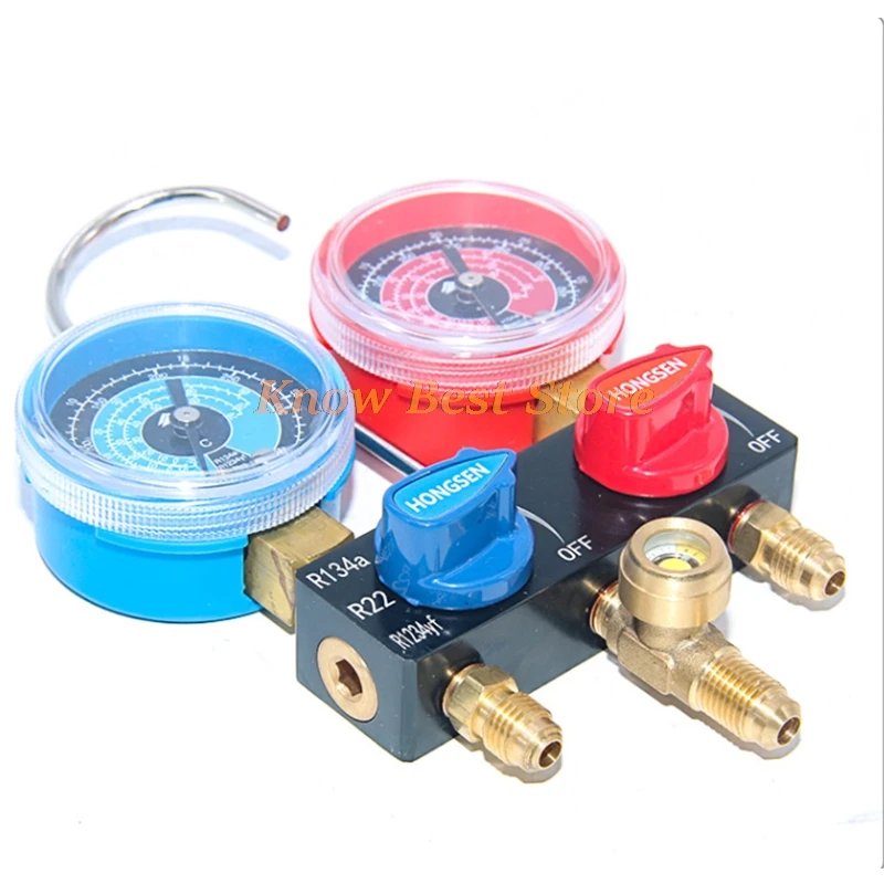 Set Pengukur Manifold Refrigeran AC Hongsen HS-M01 M01-134-A, Pengukur Fluorida Refrigeran untuk R134A R22
