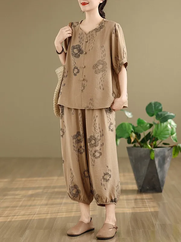 

Summer 2025 Ethnic Sle Loose Women's Cotton T-irt And Pants Two-Piece Set Embroidered Slimming Large Size Faionable