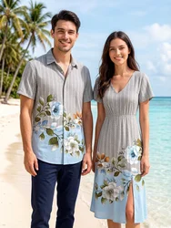 Gray Matching Hawaii Beach Outfits For Couples Coconut Tree Sea Sun Colorblock Printed Women V-Neck Dress And Shirt For Men