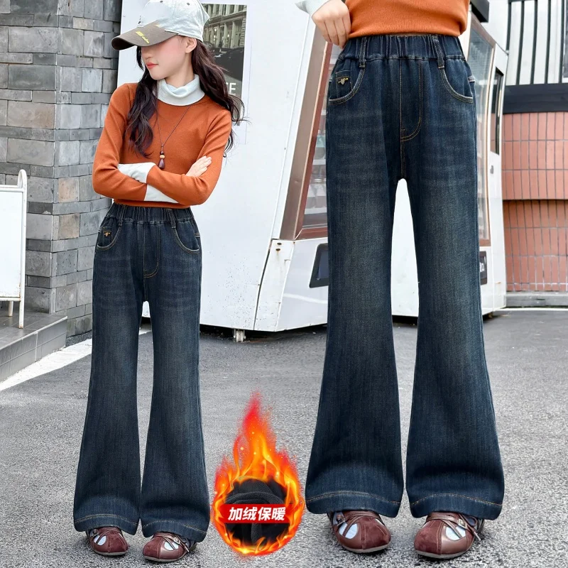 Girls Fleece Lined Flare Jeans Winter Elastic Waist Denim Pants Kids Warm Bootcut Trousers 6-16Y Loose Fit Easy Care