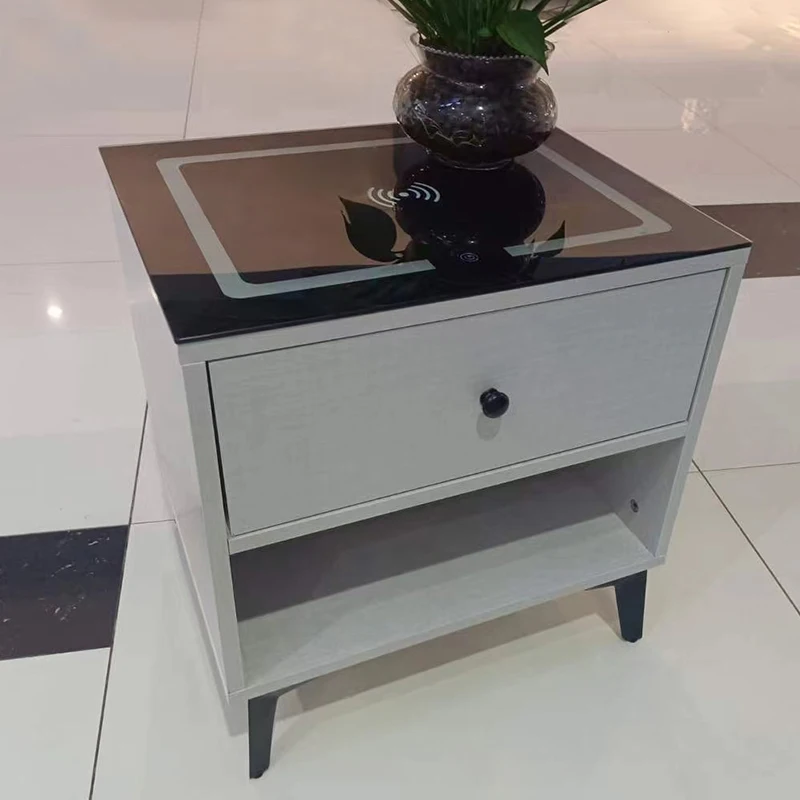

Modern Wood Bedside Table Storage Cabinet Bedroom Deluxe Light Emitting Diode USB Smart Bedside Table
