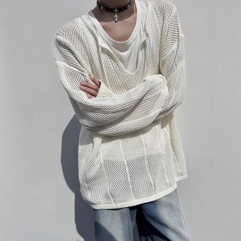 Lace-up V-neck Hollow Out Knitted Tshirt Mens Summer Casual Drop Shoulder Long Sleeve T-shirt Male Street Fashion Tee Shirt