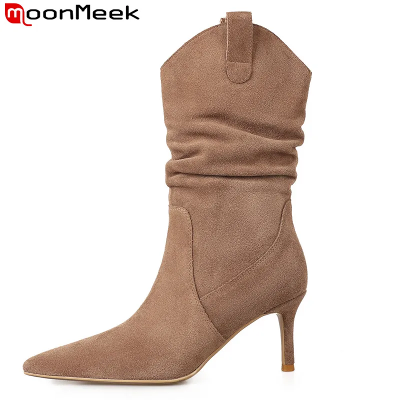 

MoonMeek 2023 New Cow Suede Leather Pointed Toe Winter Boots Pleated Thin High Heels Shoes Elegant Ladies Slip On Mid Calf Boots