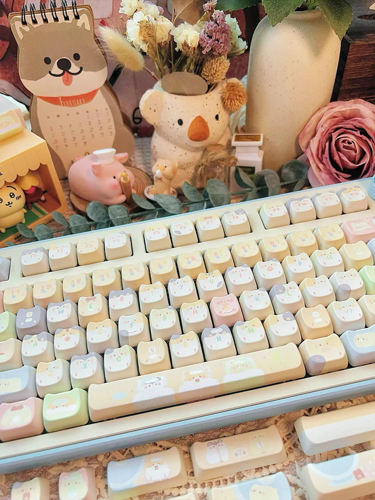 Teclado mecánico Mao con cabeza de gato, teclas de Color amarillo, tema diario, Pbt, 6.25U/7U, diseño de espacio, regalos