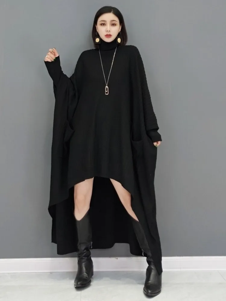 SHENGPAIAE Pleated Long Sleeve Turtleneck Irregular Dress Wool Sweater Sweater Loose Robe Dresses Women 2024 Female New 5Q694