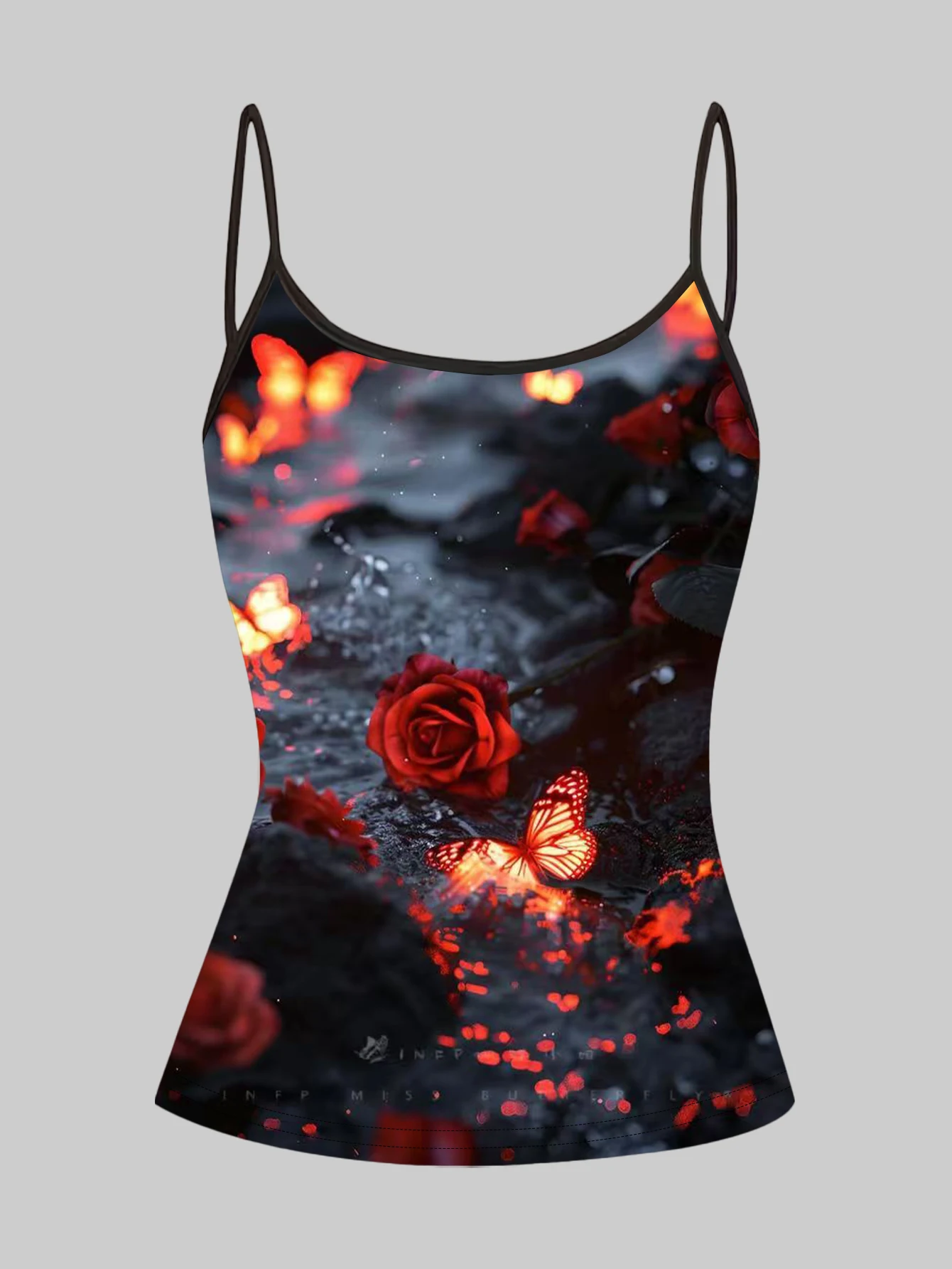 3-Pack of Flame Black Rose Print Camisoles for Women, Dark Vibe Digital Print Slim Fit Sleeveless Inner Tops