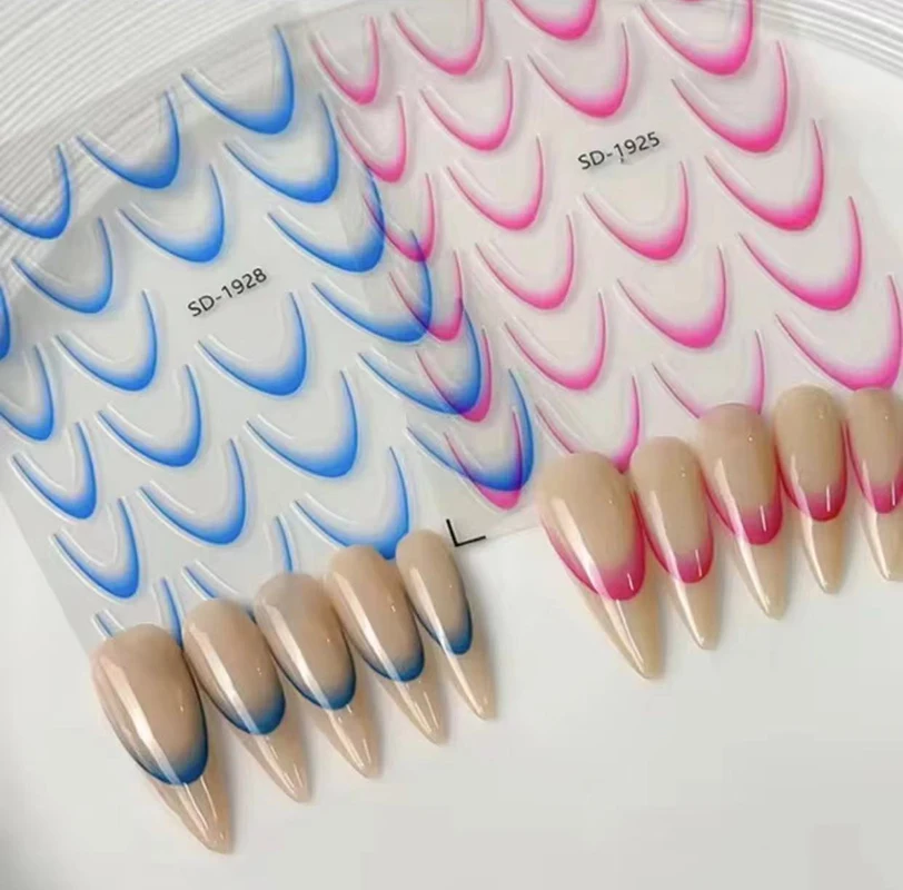 Decalcomanie per nail art in rilievo 5D Design della linea di colore sfumato Punte francesi bianche Adesivi per unghie Decorazioni per manicure
