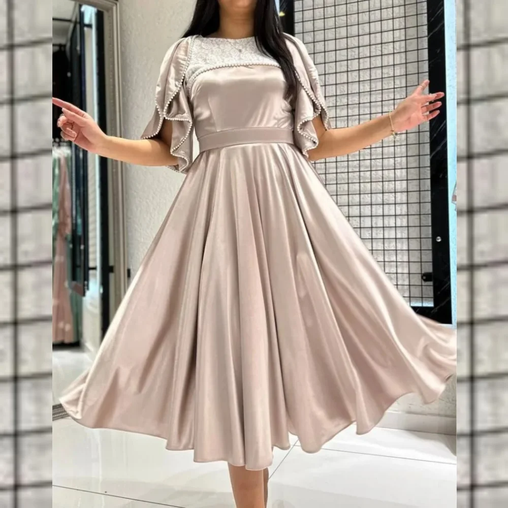 Customized es Beading Draped Ruched Wedding Party A-line O-Neck Bespoke Occasion Gown Midi Dresses