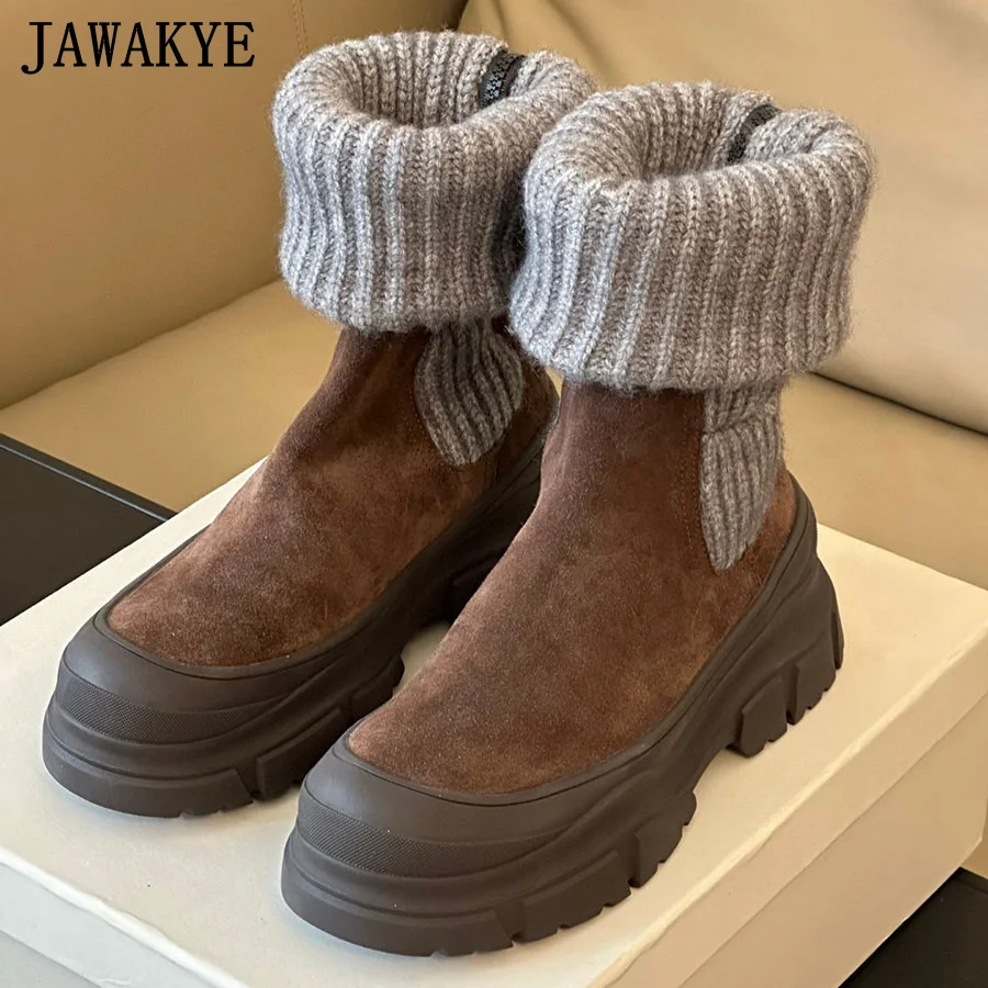 Thick Sole Suede Leather Ankle Boots Women Round Toe Knitted Collar Designer Short Boots Winter Casual Brand Snow Boots Mujer