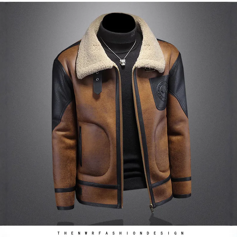 Leather jacket men's 2024 winter new item suede thickened fur integrated motorcycle jacket