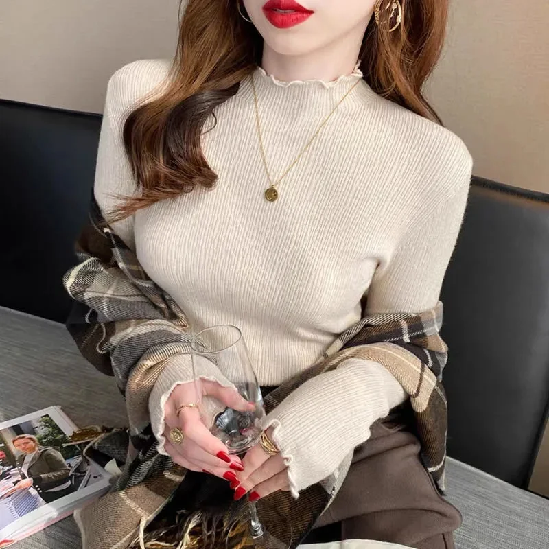 Women Long Sleeve Turtleneck T Shirt Autumn Vintage Harajuku Long Sleeve Slim Knitted Bottoming Korean Fashion Sweater Female