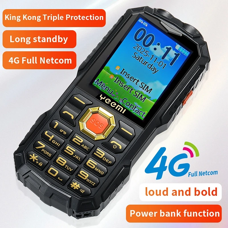 4G Rugged Shockproof Bar Phone Retro Keypad Mobile Phone No Apps Simple Cell Phone Big Battery Loud Speaker Flashlight SOS
