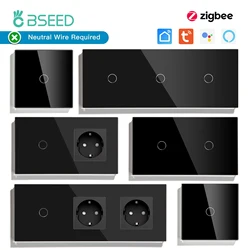 BSEED Zigbee 1/2/3Gang Wall Light Switches Tuya Smart Life Alexa Voice Control No Neutral Version Plus Normal EU Sockets