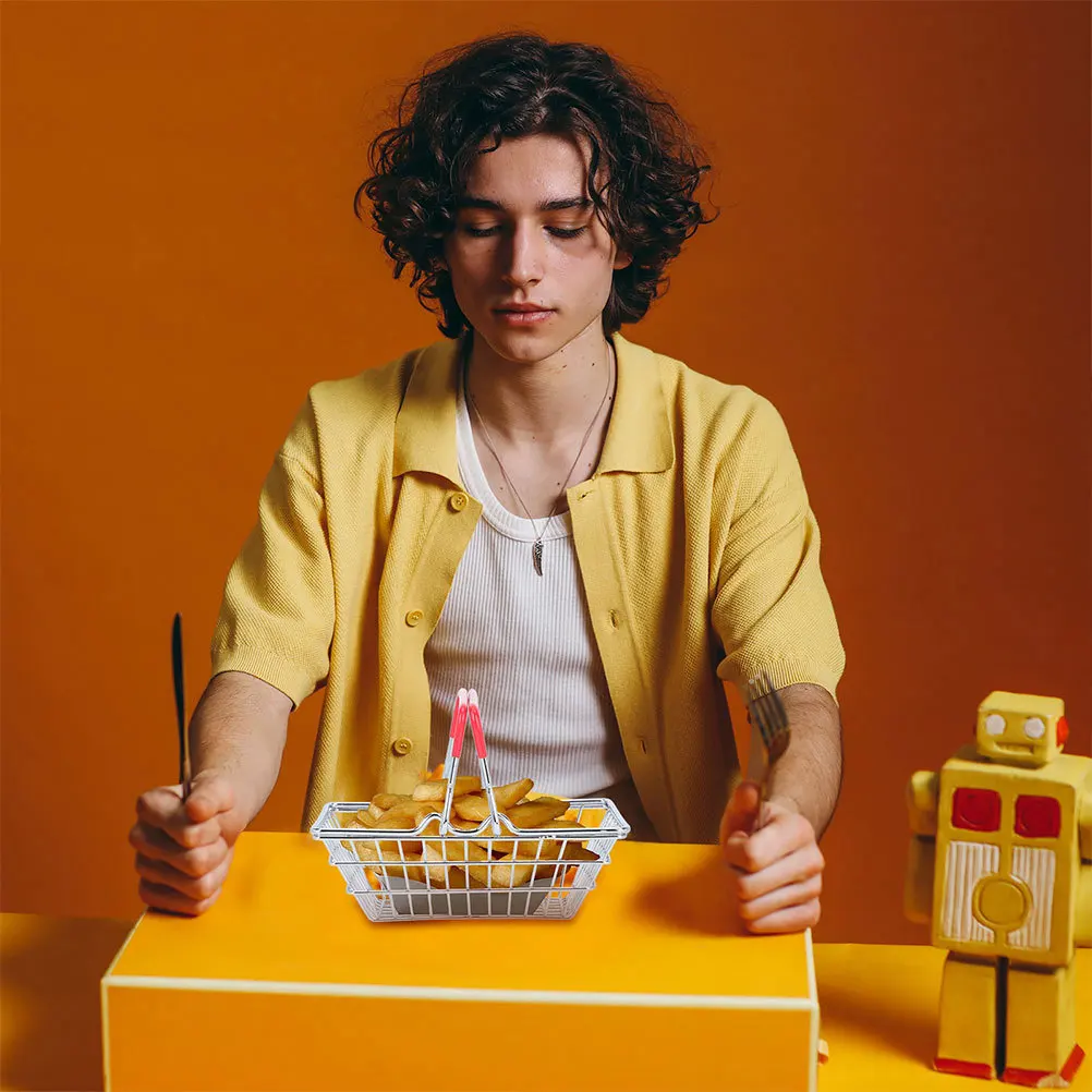 Mini roestvrijstalen boodschappenmand Compact licht Desktop Organizer voor cosmetica Kabels Sieraden Gadgets Metaaldraad