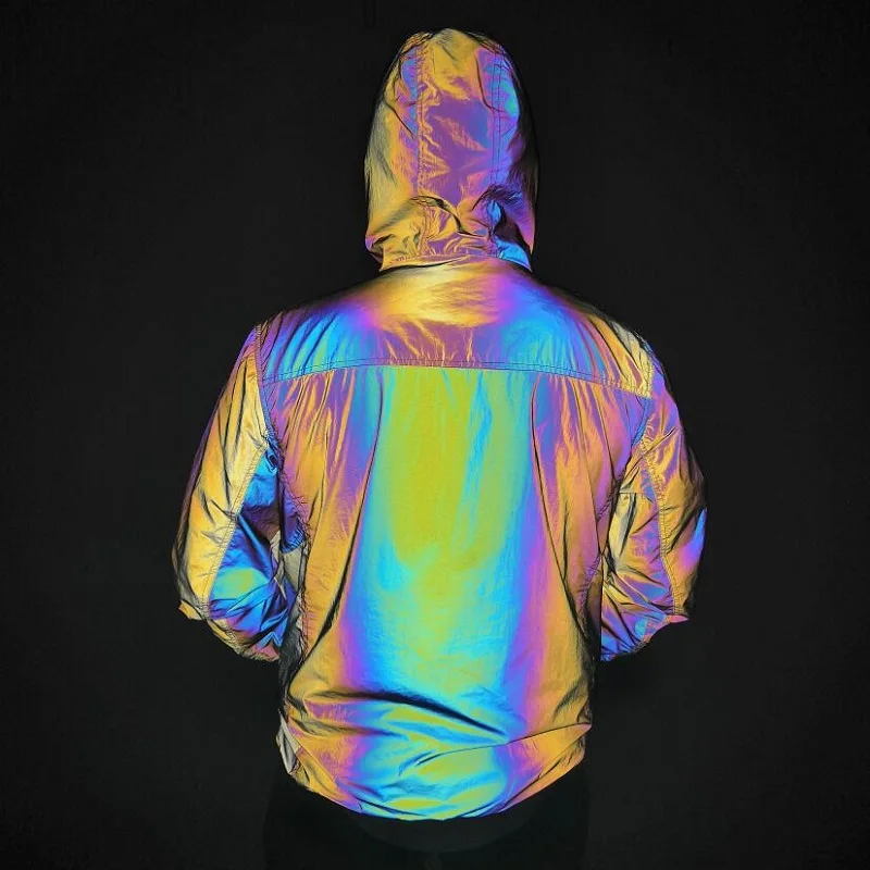 Night Rainbow Safety Protective Reflect Submachine Colorful Reflective Jacket, Personalized Hooded Rainbow Clothing, Casual Top