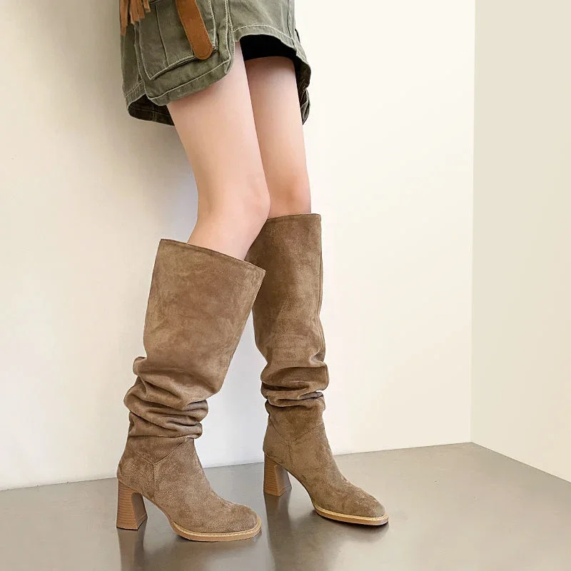 Modern Women Over the Knee High Boots Fashion Pleated Sewing Pumps Autumn Winter Thick Heel Ladies Long Booties