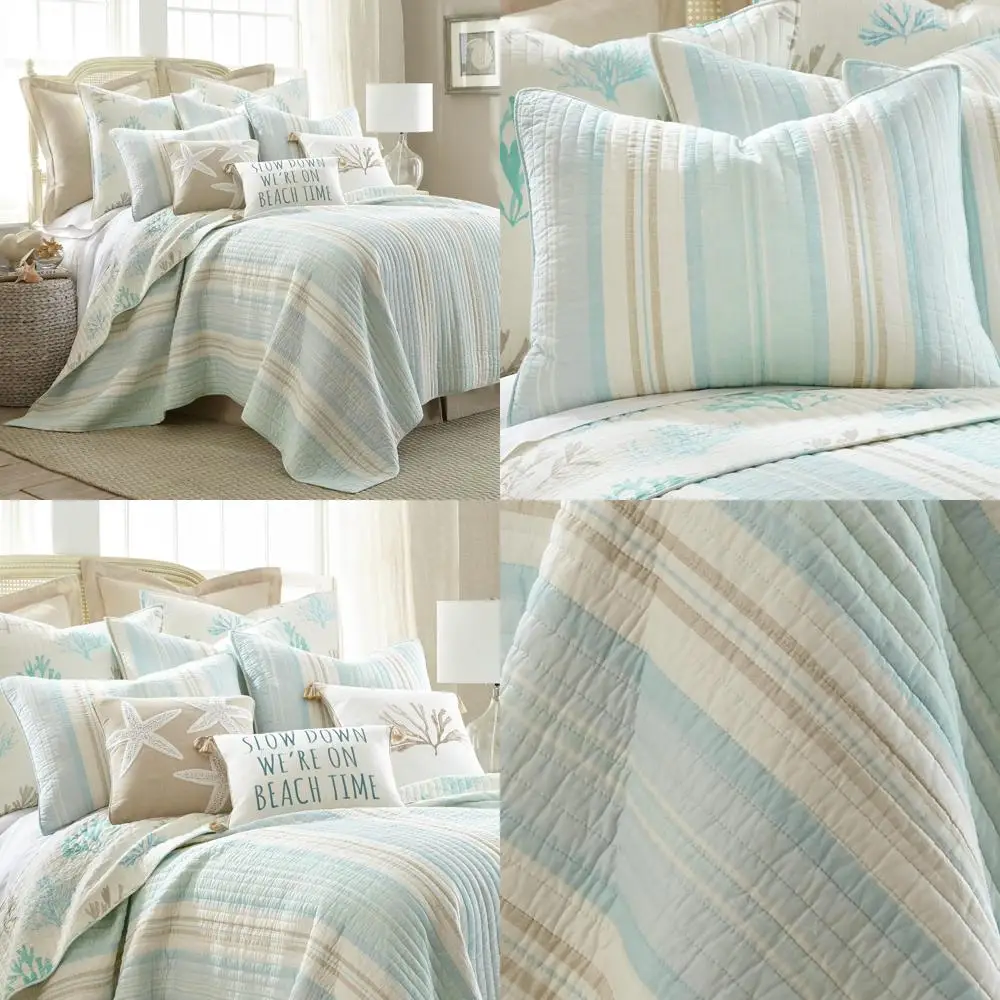 

Stone Harbor Striped Coastal Quilt Set - Light Blue, Taupe, and Cream - King/California King Size 106x92 inches