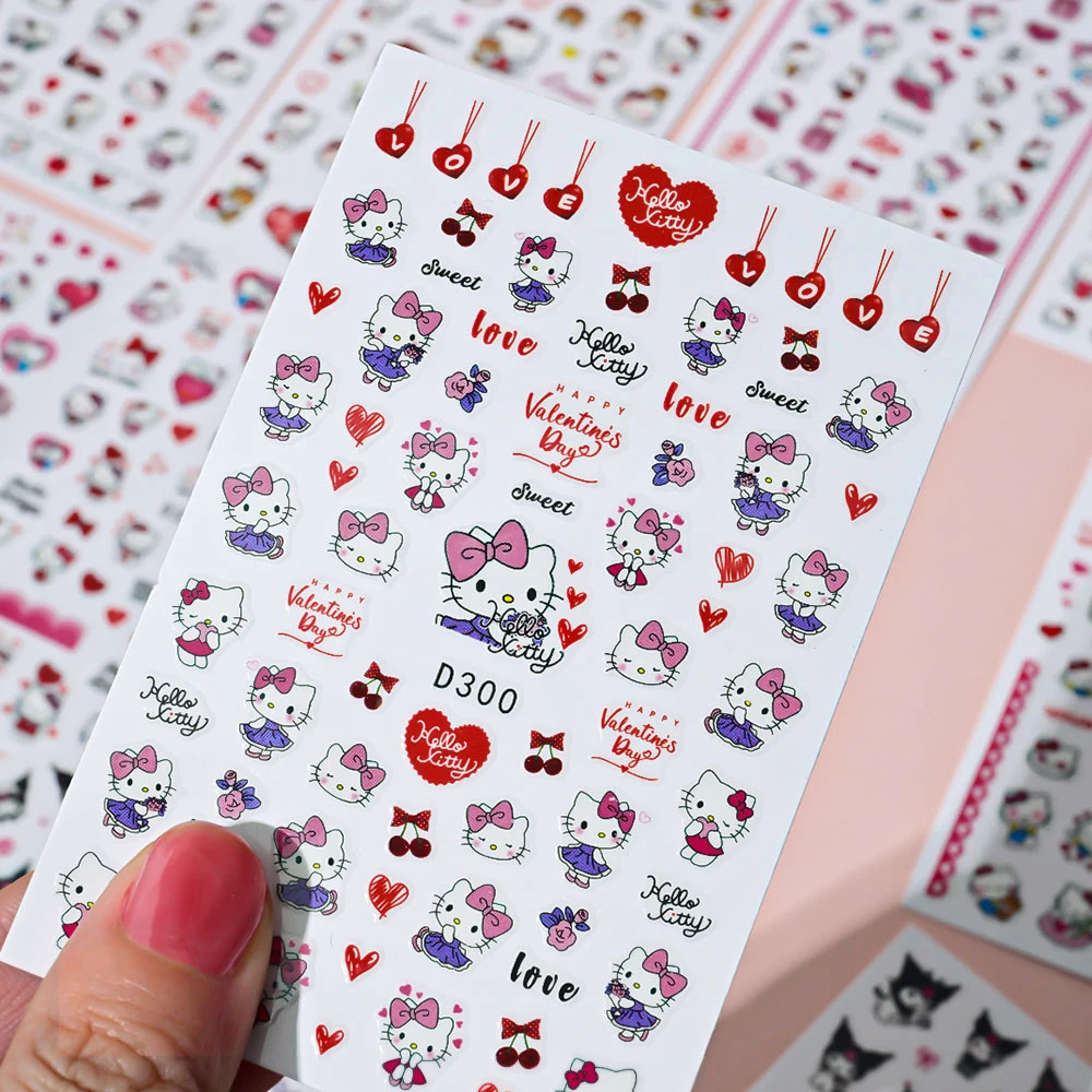 16pcs Red Love Hello Kitty Nail Stickers Set Multi-expression Kawaii Kitty Adhesive Sanrio Nail Decals Manicure Sliders For Girl