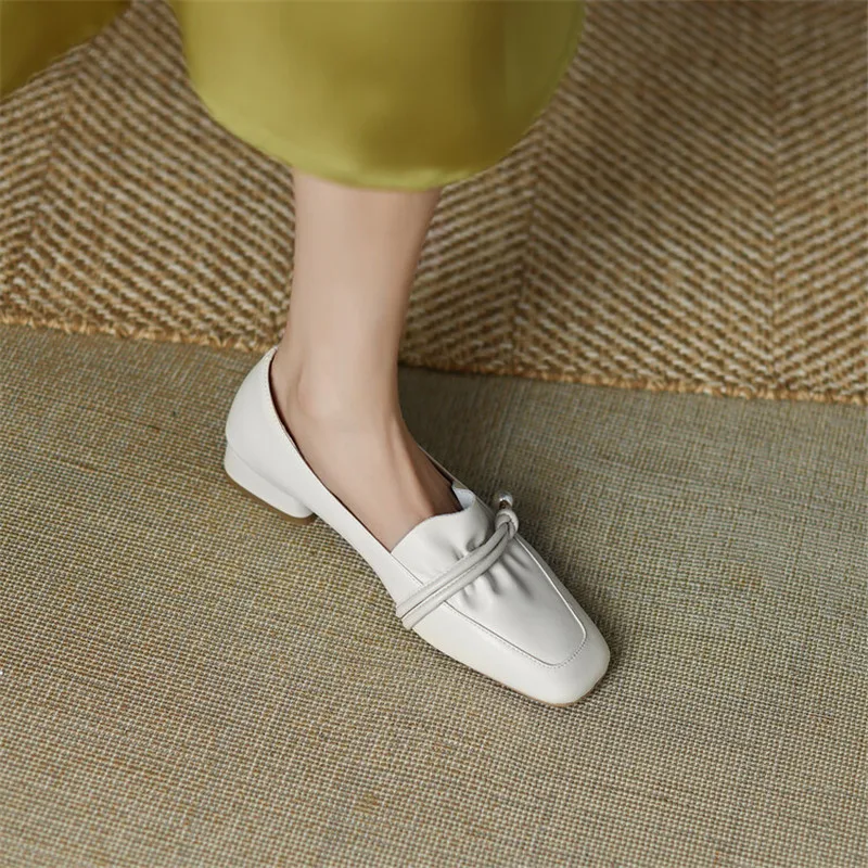 New Spring Women Loafers Cow Leather Low Heel Shoes for Women Square Toe Chunky Heel Shoes Comfortable Women Pumps Slip-On Shoes