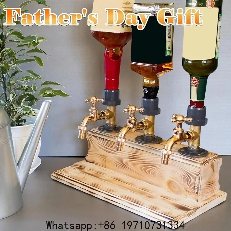 Wooden Whiskey Bar Liquor Dispenser, Perfect Wine Alcohol Gifts for Men,  Bar Home Party Faucet Shape Stand Drinkware Set Holder