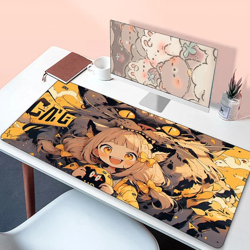 Gaming Mouse Pad Gamer Carpet Kawaii Girl and Cat Keyboard Mat Long Padding Computer Accessories Mousepad Xxl Desk Mats Mausepad