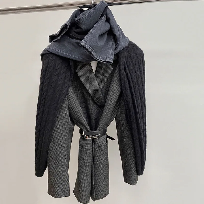 

Серый шерстяной повседневный костюм в клетку с женской текстурой, модный и свободный силуэт, новый стиль дизайнера в скандинавском стиле