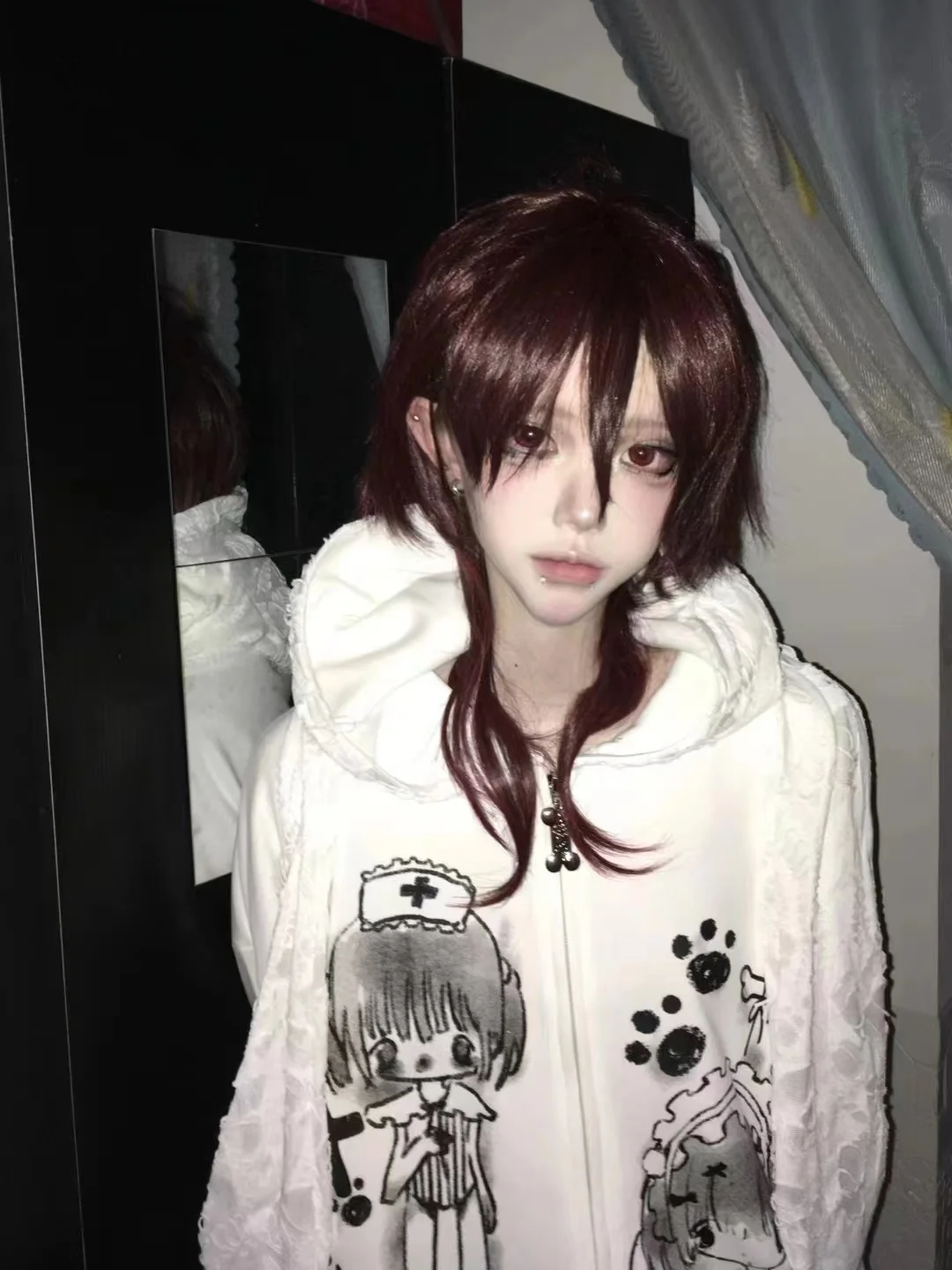 Japanese Original Lolita Two-dimensional Rabbit Ear Design Sense Ripped Hooded Sweater Y2k Subculture Cartoon Cute Coat