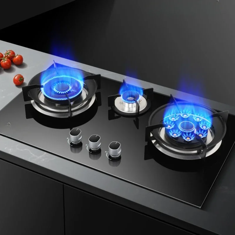 Gas stove Natural gas stove household table-embedded dual-purpose flip-top three-burner stove with flameout protection