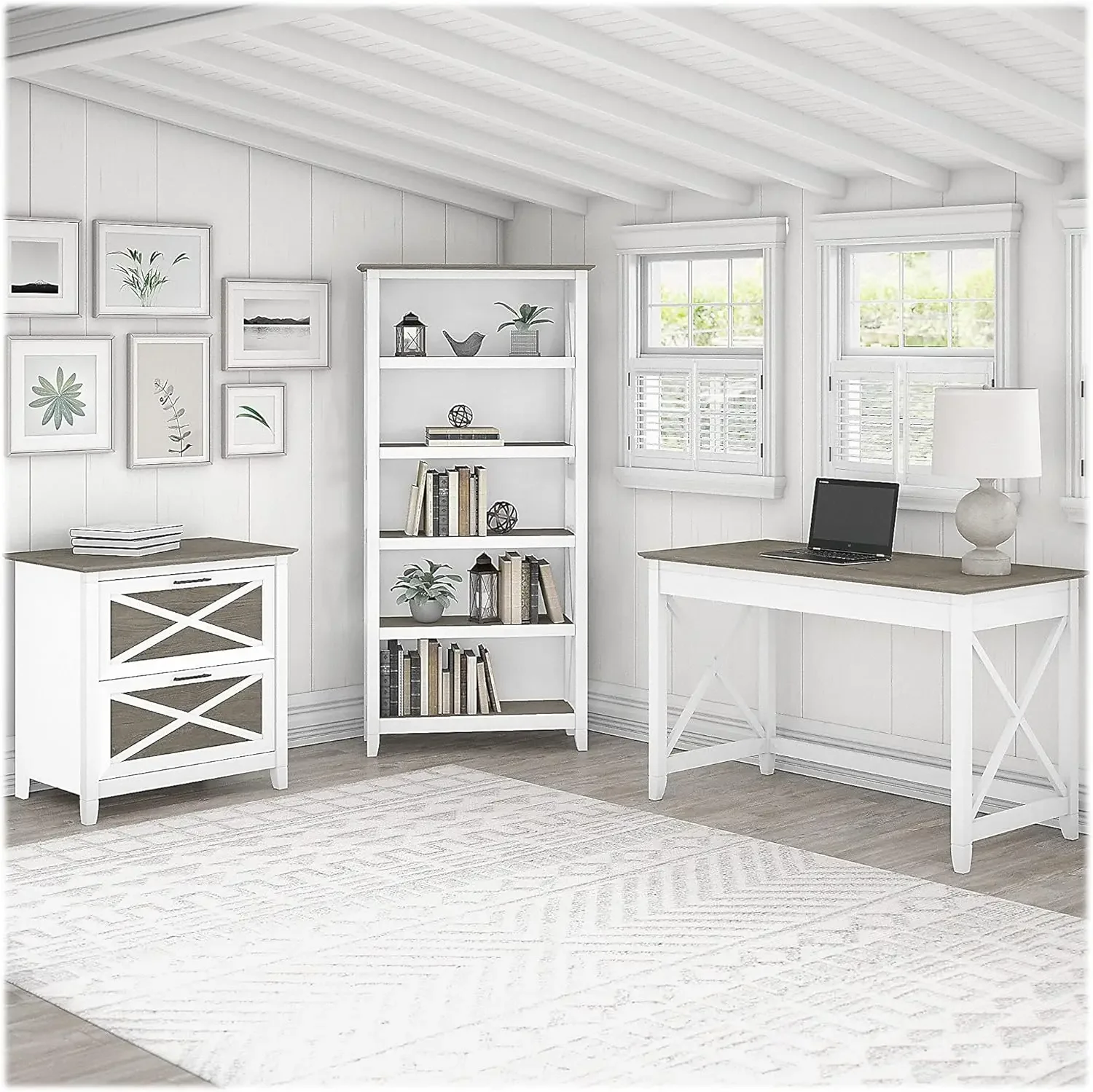 Bush Furniture Key West 48W Writing Desk with 2 Drawer Lateral File Cabinet and 5 Shelf Bookcase in Pure White and Shiplap Gray