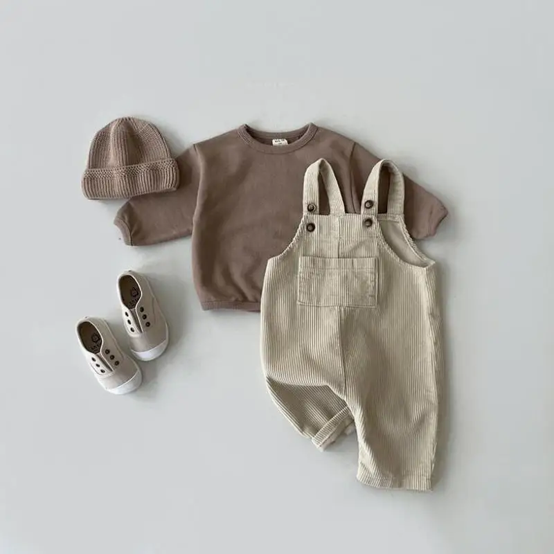 2024 Spring Ins Boy Girl Children Retro Corduroy Overalls Baby Solid Suspenders Pants Kid Cotton Casual Trousers Infant Clothes