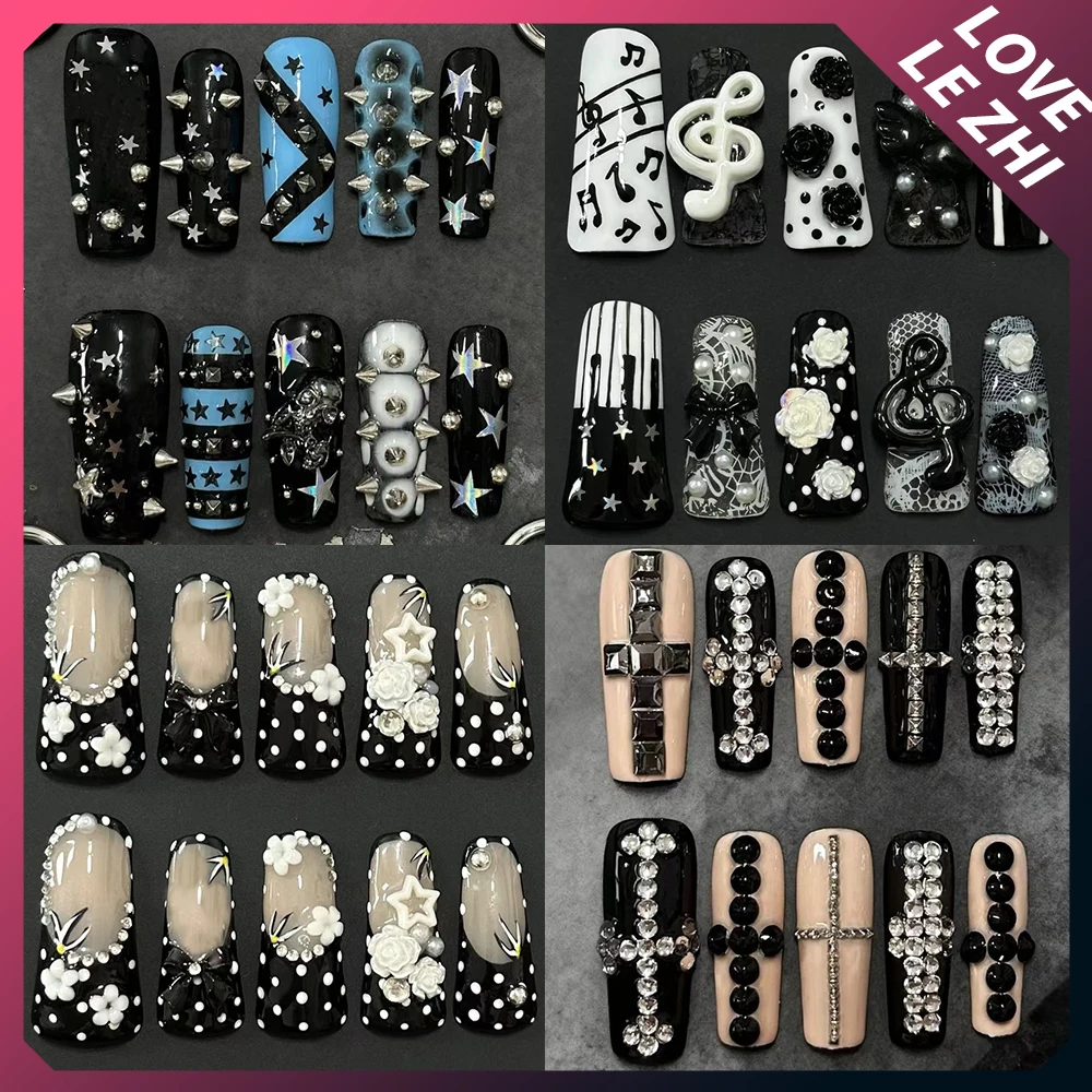 

Y2K Handmade Long Coffin Duckbill Handmade Wearable Press On Nails Shining Star Diamond Flowers Musical Notes Bow Fake Nails