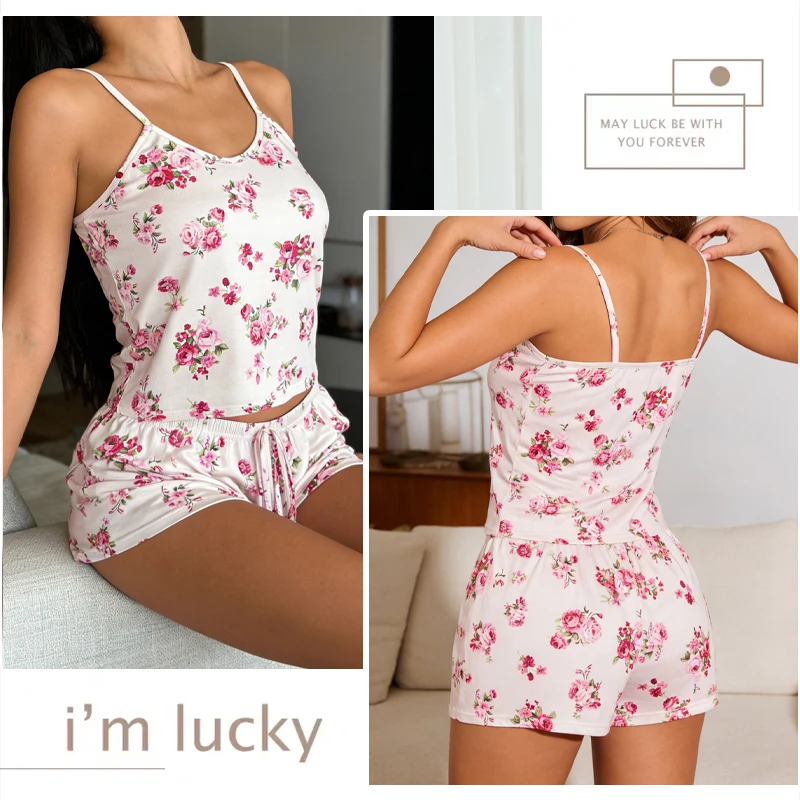 Sommer 2-teiliges Damen-Pyjama-Set mit bedrucktem Cami, ärmellosem Oberteil und Shorts, weiblich, elegant, bequem, Freizeit, elastische Nachtwäsche