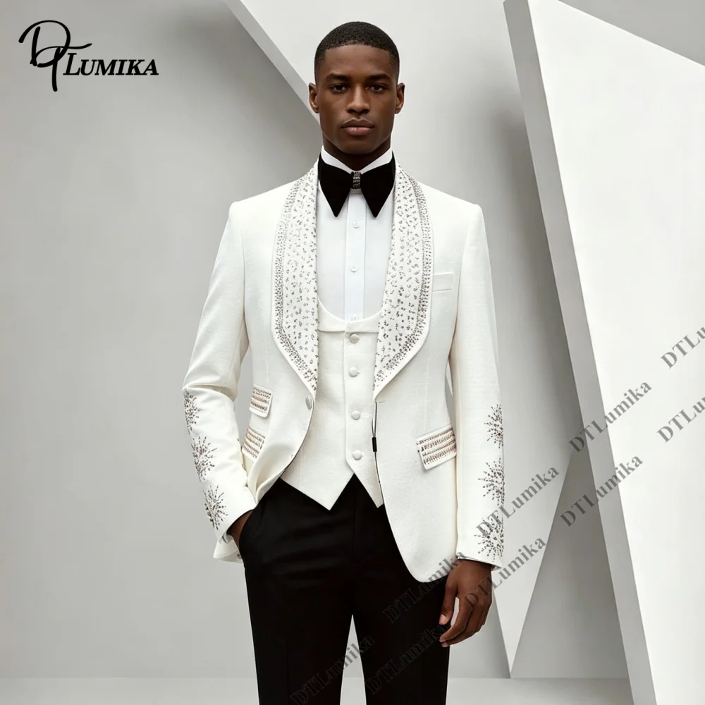 Jacquard Men's 3 Piece Suit Rhinestone Shawl Lapel Slim Fit Wedding Tuxedo Groom Prom Blazer Vest Pants Set Crystal Sleeve