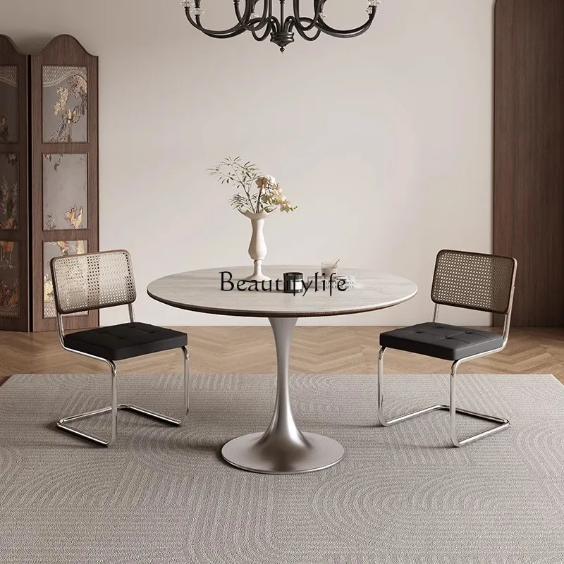 

Travertine rock slab round table Chinese antique round dining table Tulip negotiation table