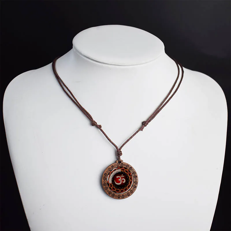 Buddhist Symbols Necklace Sri Yantra Mandala Glass Dome Vintage Wood Pendant Rope Charm Chains Necklaces Amulet Zen Yoga Jewelry