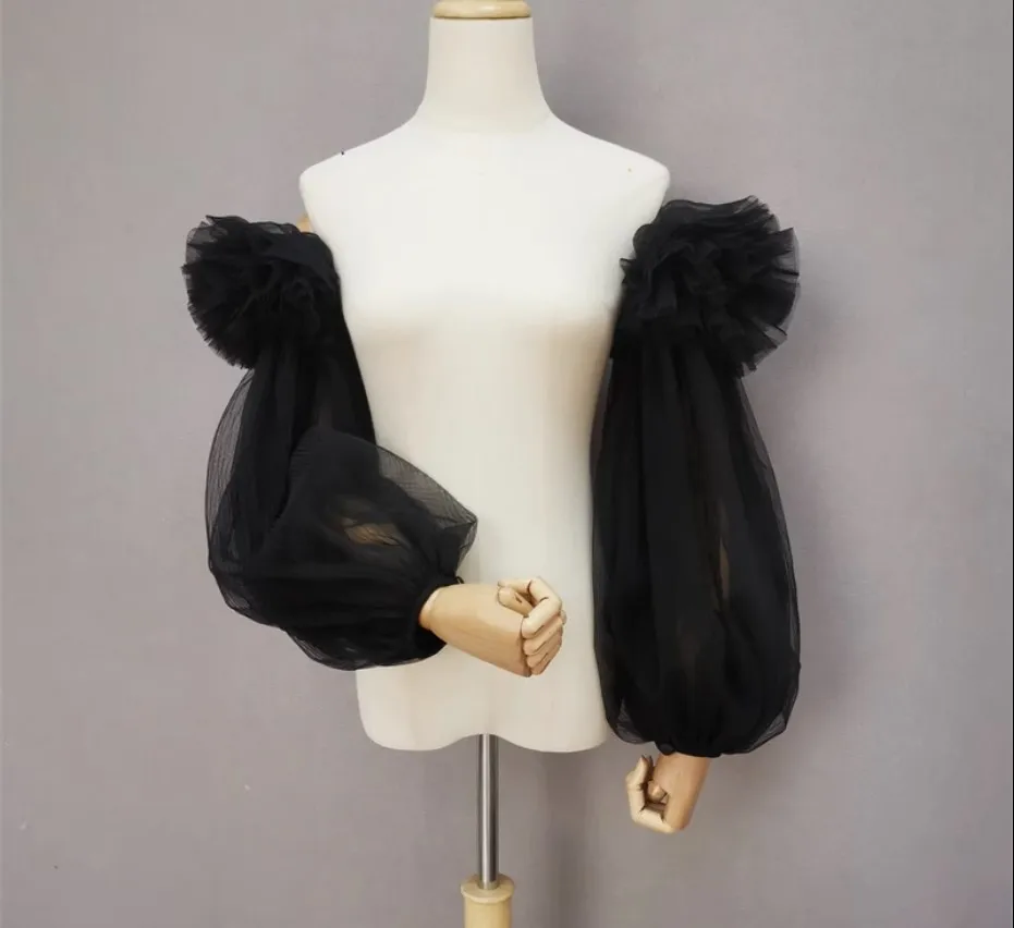 Black Detachable Sleeves Wedding Arm Cover Decorate Tulle Ruched Full Length Charming Puff Sleeve Elegant Wedding Accessories