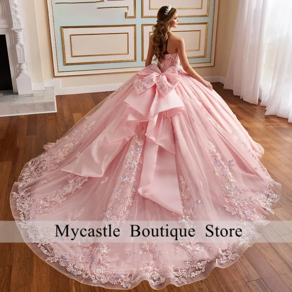Robes De Quinceanera rose robe De bal robes nœud chérie Appliques plissée robe d'occasion Vestido De 15 personnalisé