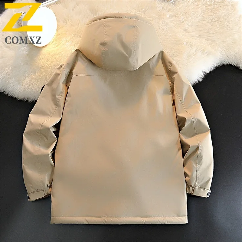 COMXZ Hochwertige Herren-Daunenjacke, Premium-Kapuze, Outdoor-Reiten, winddicht, Puffer-Coa, trendige Streetwear, warmer Komfort-Wintermantel