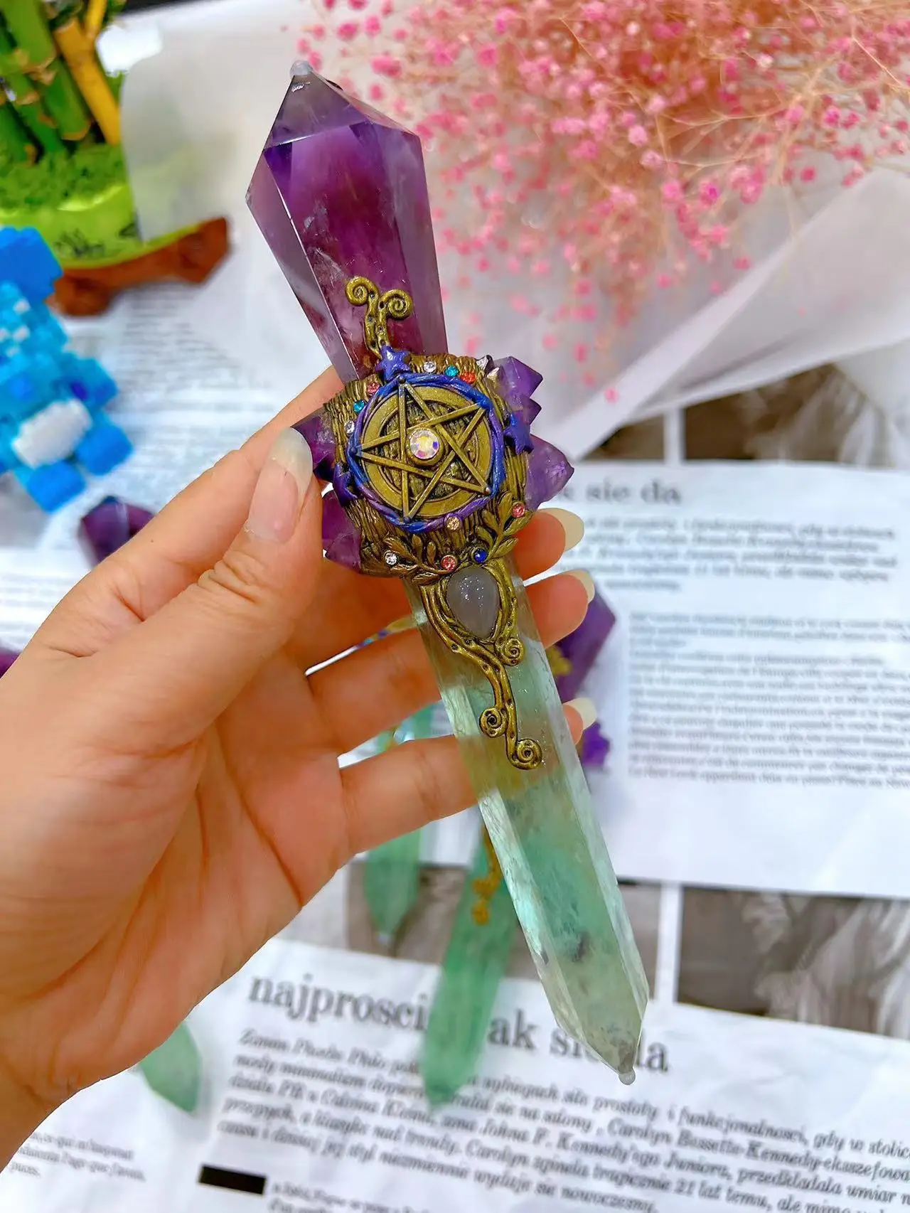 Natural Crystal Stone Magic wand Handmade Crystal Magic Wand Healing Spiritual Witchcraft Magic Stick Incense Expanding Ore