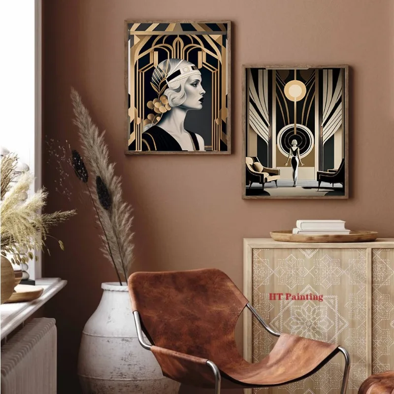 1920s Retro Art Deco Style Great Gatsby Party Poster Abstract Wall Pictures Canvas Painting Vintage Home Hotel Interior Decor