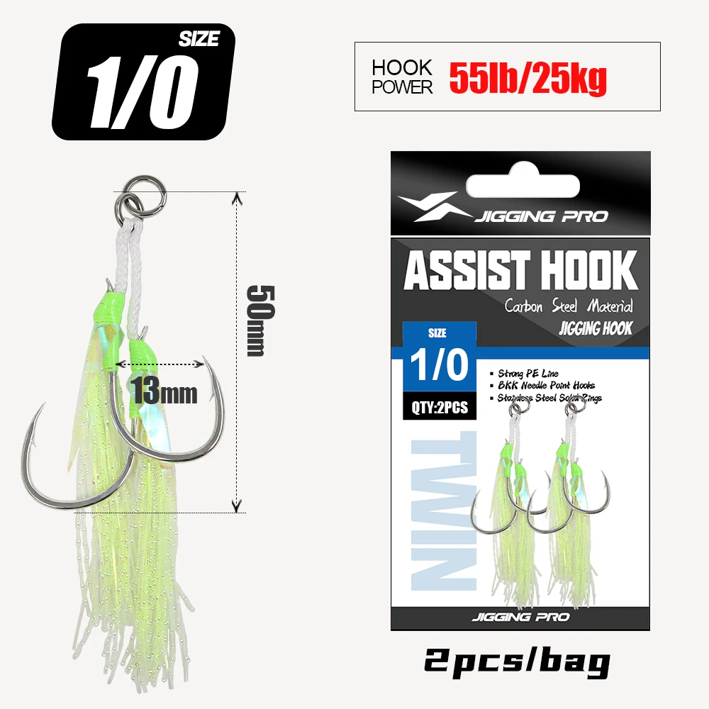 JIGGING PRO 1/0 2/0 3/0 4/0 Doppel-Assist-Haken für Jigging-Köder, Doppel-BKK-Haken, Metall-Jig, Meeresangelzubehör