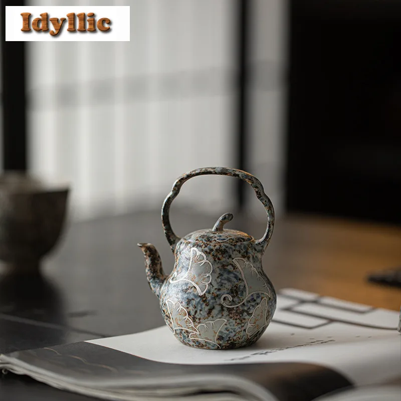 

120ml Blue And White Firestone Lifting Handle Teapot Handmade Tea Infuser Pot Tea Making Kettle With Strainer Tea Ceremony Gift