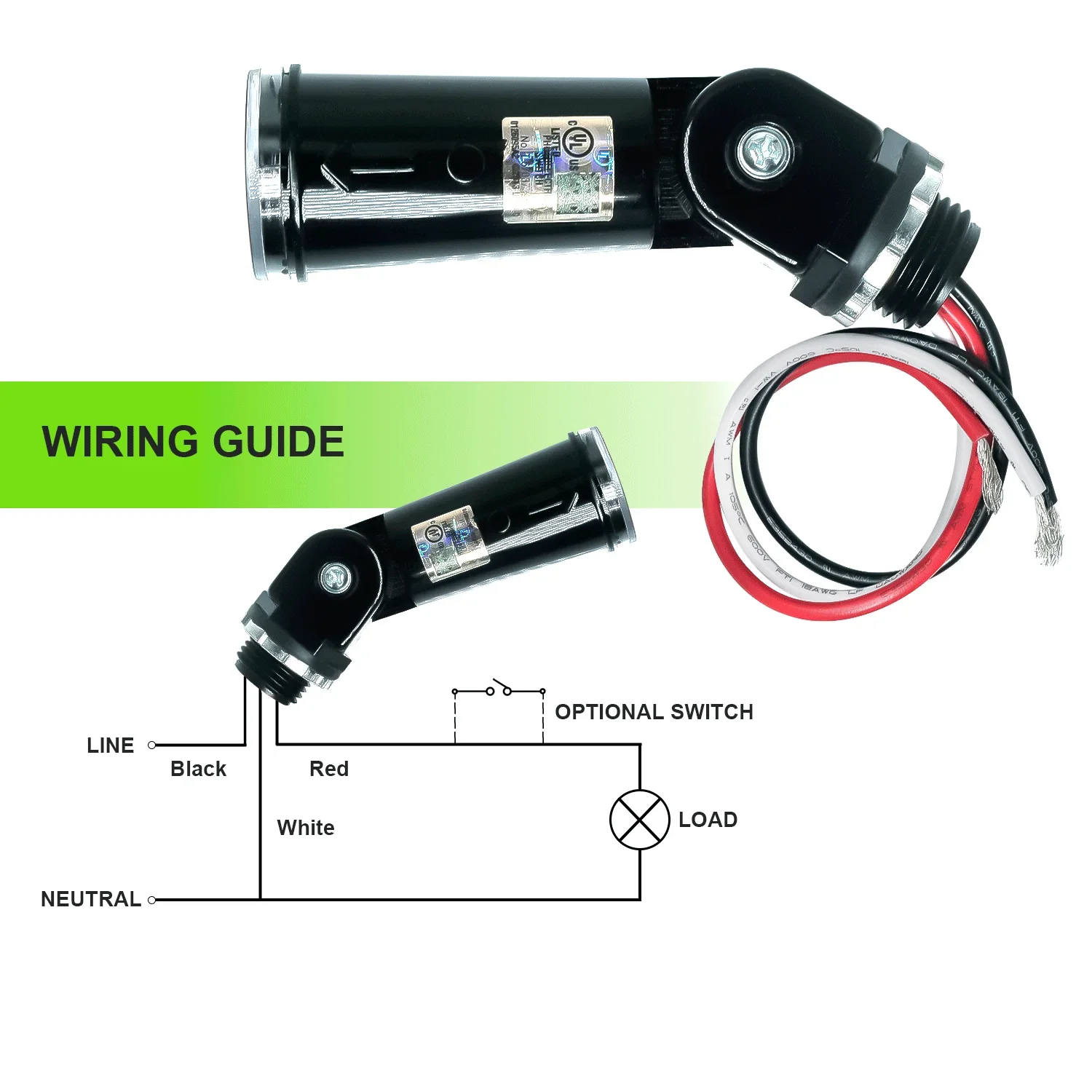 Dusk to Dawn Photocell Sensor for IP65 Outdoor Lights, 120-277V Photoelectric Switch, UL Listed LED Light Sensor Hardwired