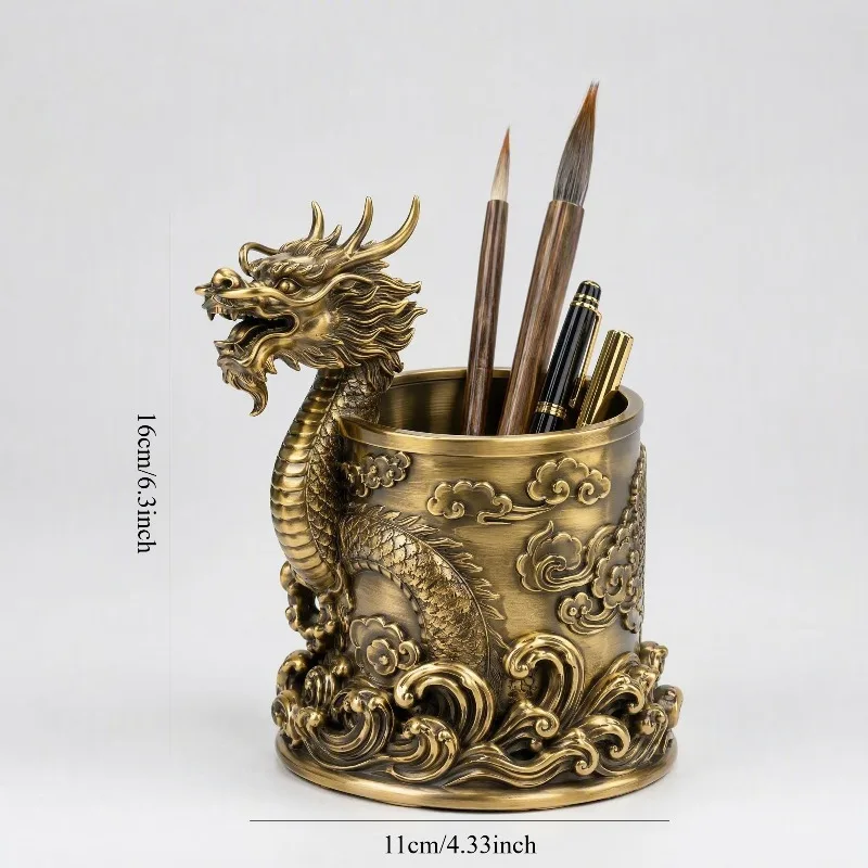 Handmade auspicious dragon pen holder ornament relief auspicious cloud sea wave Chinese retro pen holder study four treasures