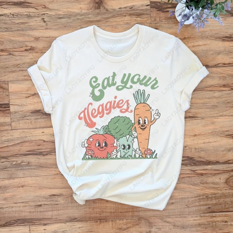 

Eat Your Veggies Graphic Vegan Tshirts Farmers Market Vegetable Kawaii Graphic Tops Men Women Cotton All Match Summer Tee Gift