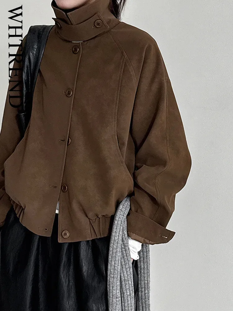 

WHTREND коричневая куртка для женщин, новое однобортное свободное пальто из искусственной кожи с высоким воротом, осень-зима WH1521