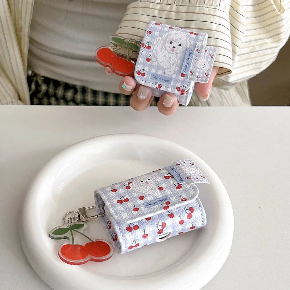 Cute Lattice Red Cherry Cartoon Dog Leather Bag Earphone Case For Airpods 3 Pro Protective Cover For Airpods 1 2 With Keychain