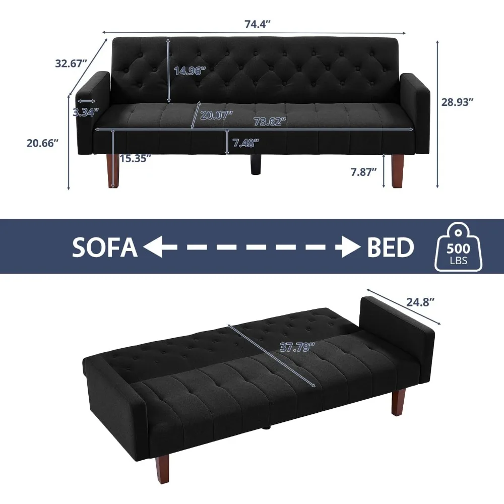 Black Tufted Back Sofa Bed Mid-Century Convertible Sleeper Futon With Tapered Wood Legs for Living Room Apartment Lounge Sofas