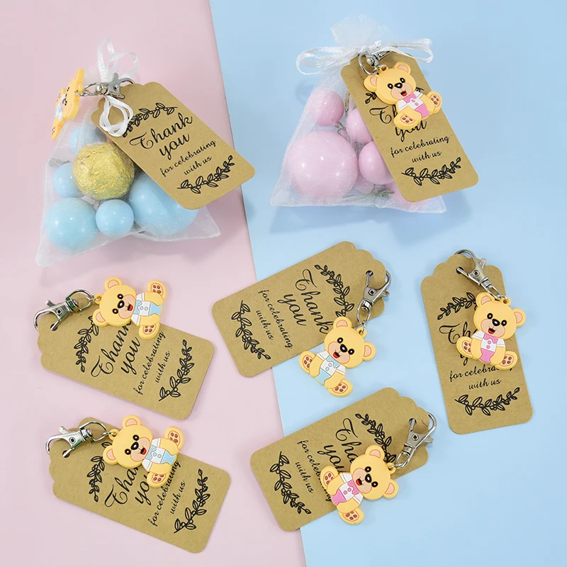 

10Set Pink Blue Bear Keychain Thank You Kraft Tag Organza Bag Baby Shower Return Favors Birthday Gender Revealing Party Supplies