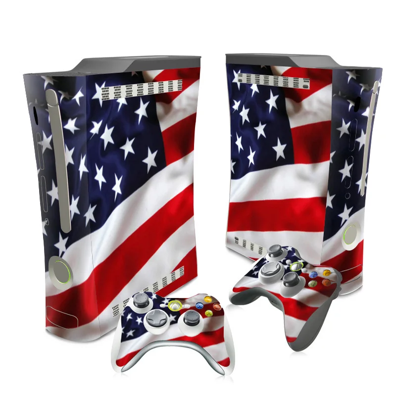 7 different designs PVC Skin Sticker For Xbox 360 fat Console + 2 Pcs Controller Skin Skin Sticker Set USA UK flag